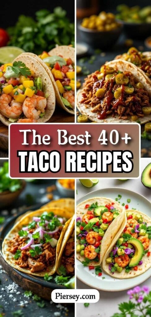 Collage of vibrant tacos with shrimp, mango, pulled pork, and avocado. Text reads "The Best 40+ Taco Recipes" over a colorful culinary background.