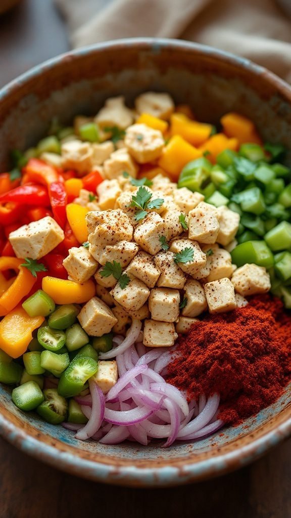 A colorful tofu scramble breakfast bowl with diced vegetables.