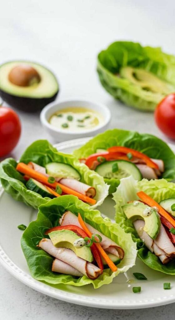 Turkey and Avocado Lettuce Wraps with vegetables