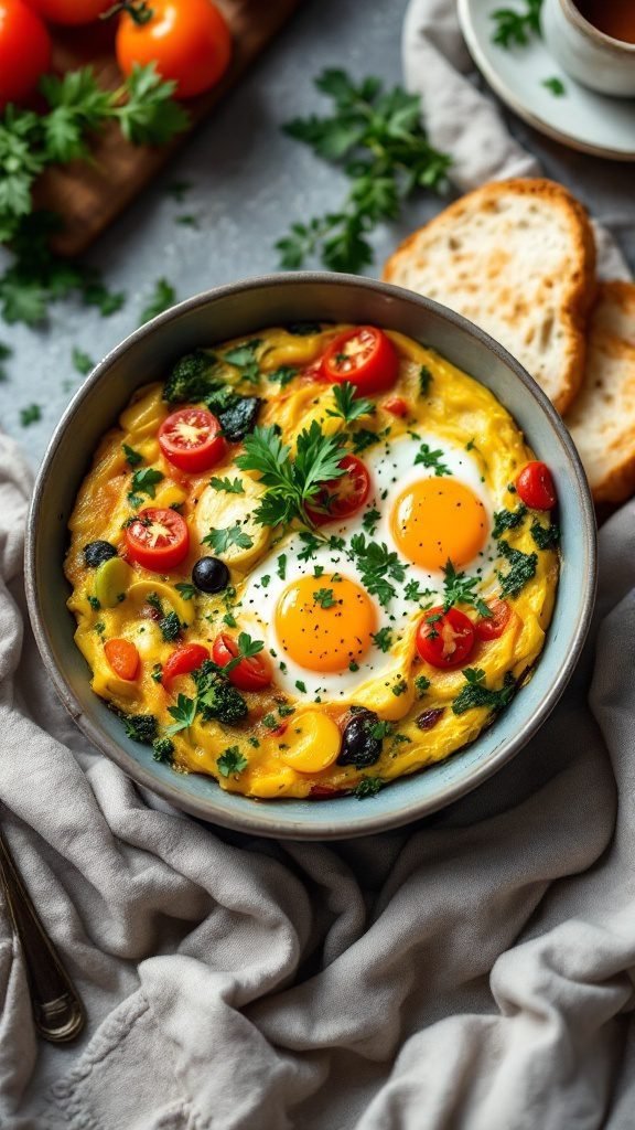 A colorful vegetable frittata bowl with eggs, spinach, tomatoes, and herbs.