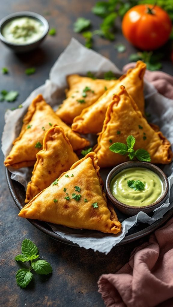 Delicious vegetable samosas with mint chutney on a plate.