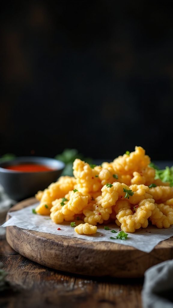 Crispy vegetable tempura on a wooden platter with dipping sauce.