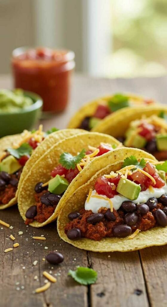 Vegetarian black bean tacos with toppings