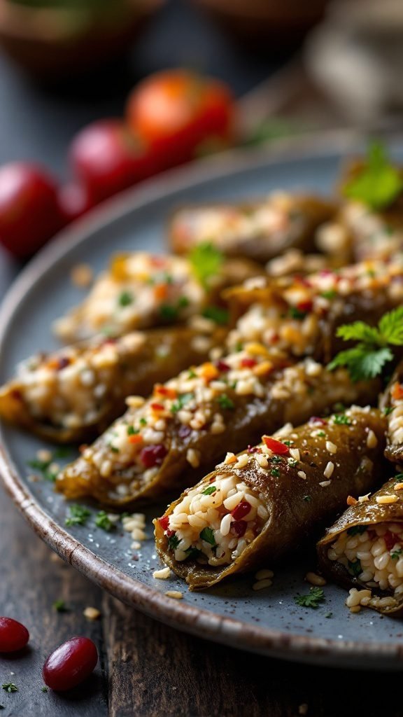 A plate of vegetarian stuffed grape leaves, beautifully arranged and garnished.