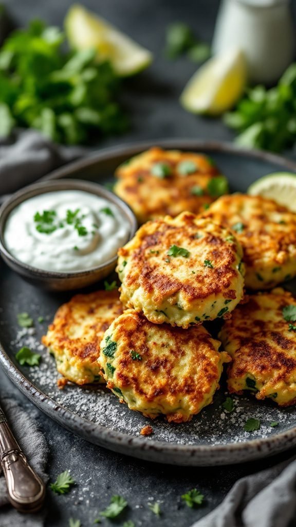 Delicious zucchini fritters served with tzatziki sauce, garnished with fresh herbs.