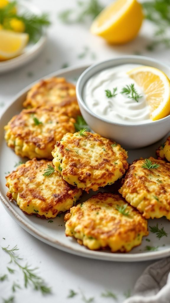 Plate of zucchini fritters served with a yogurt dip and lemon wedges.