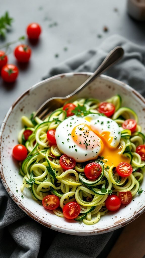 A healthy breakfast bowl with zucchini noodles, cherry tomatoes, and a poached egg.