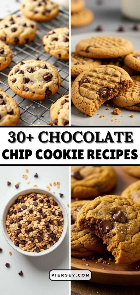 "Collage of chocolate chip cookies in close-up. Top left shows cookies on a cooling rack; top right has broken cookies, revealing melted chocolate. Bottom left displays a bowl of oats and chocolate chips; bottom right features a cookie with gooey center. Text reads '30+ Chocolate Chip Cookie Recipes'."