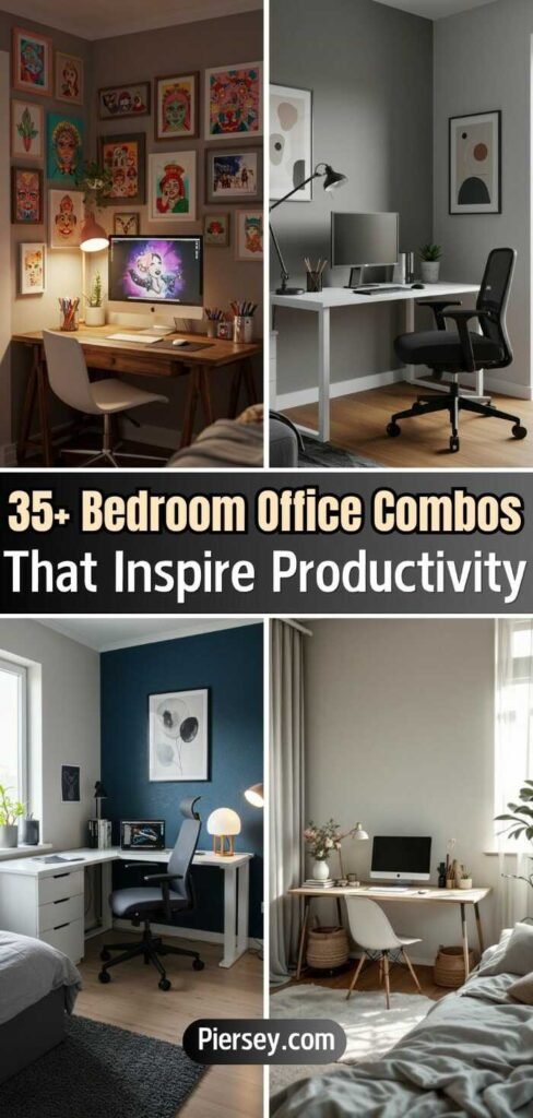 Four stylish bedroom office combos showcase creative workspaces. Each setup blends productivity and comfort with unique decor. Text reads: "35+ Bedroom Office Combos That Inspire Productivity."