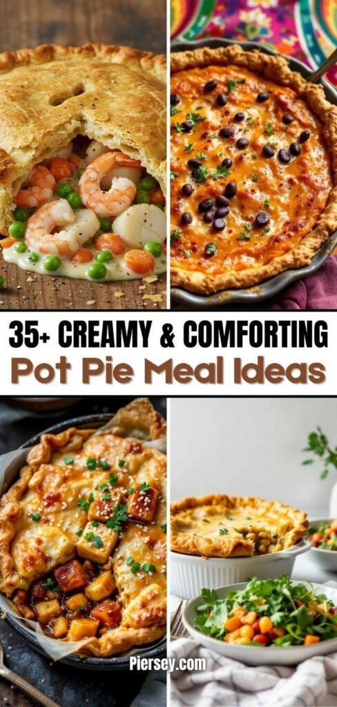 Collage of four pot pies: seafood, black bean, cheese with herbs, and vegetable. Text reads "35+ Creamy & Comforting Pot Pie Meal Ideas." Colorful and appetizing.