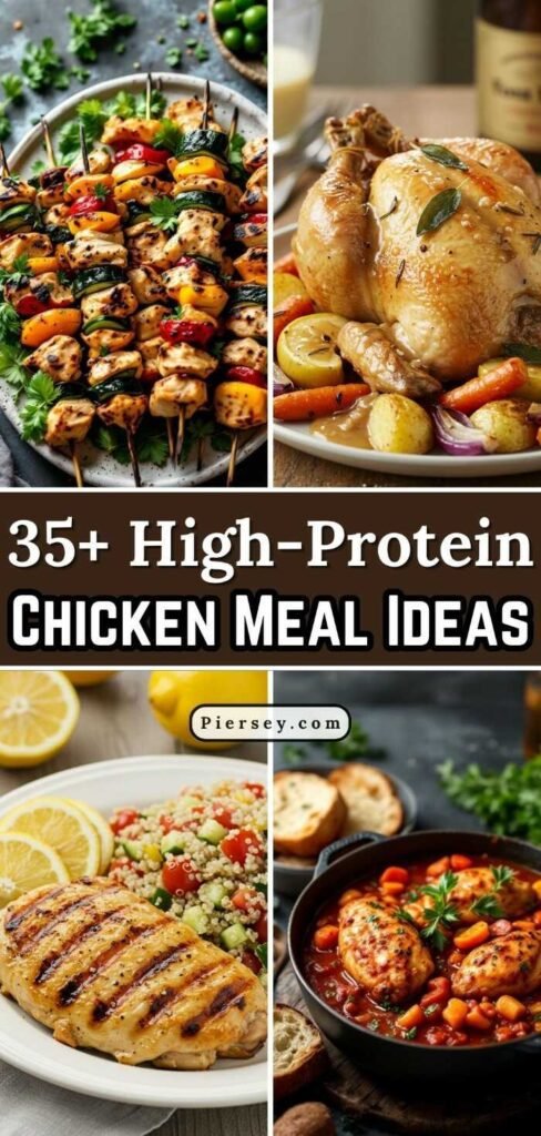 Grilled chicken skewers and roasted chicken with veggies on top, grilled chicken with quinoa salad, and chicken stew in a pot. Text: "35+ High-Protein Chicken Meal Ideas."