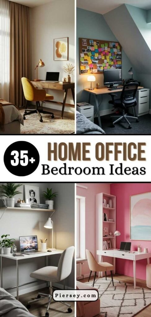 A collage of four stylish home office setups within bedrooms, featuring elegant desks, cozy chairs, and decor in warm tones. Text reads "35+ Home Office Bedroom Ideas."