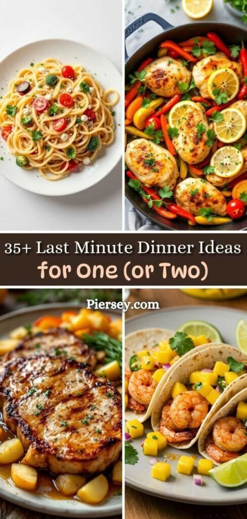 Collage of colorful dinner dishes: spaghetti, chicken with veggies, grilled pork, and shrimp tacos. Text reads "35+ Last Minute Dinner Ideas."