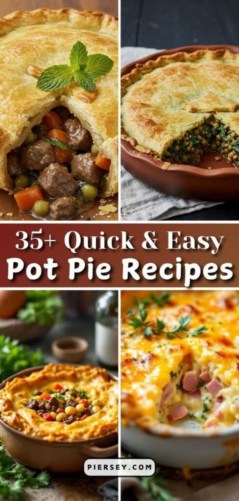 A collage of four pot pies, including meat and veggie fillings. Text reads "35+ Quick & Easy Pot Pie Recipes." Pies are golden and appetizing.