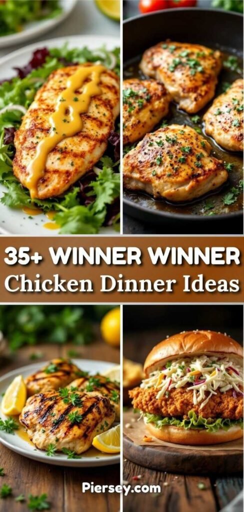 Grilled and skillet chicken dishes with herbs, a crispy chicken sandwich with coleslaw, and the text "35+ Winner Winner Chicken Dinner Ideas."