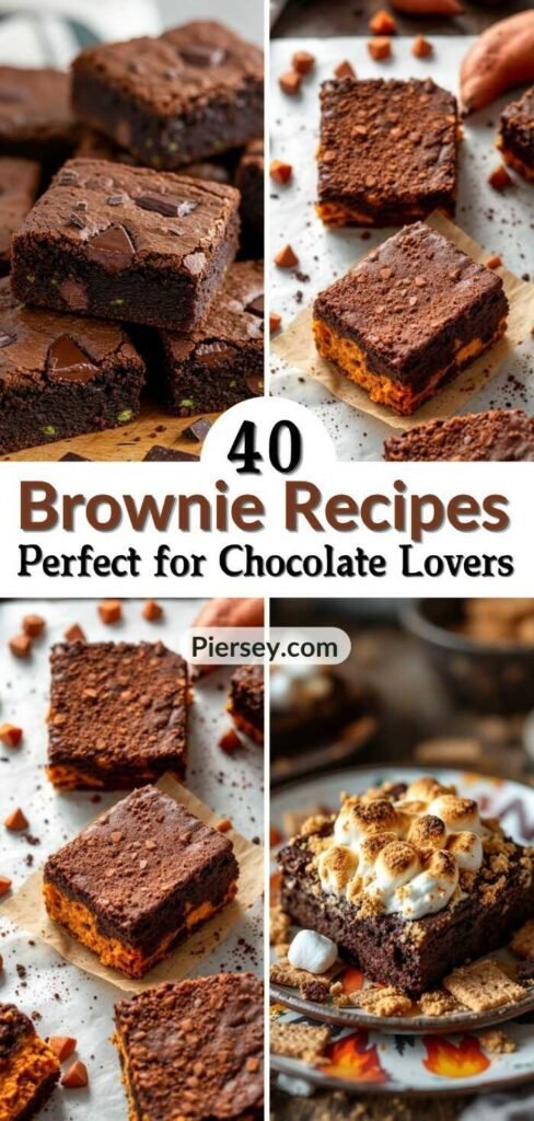 A collage showcases four types of brownies, including chocolate chunk and s'mores, with the text "40 Brownie Recipes Perfect for Chocolate Lovers."