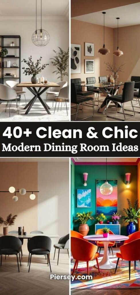 Collage of modern dining rooms; top left: minimalist with plants, top right: earthy tones, bottom left: neutral with globe lights, bottom right: colorful with vibrant art. Text overlay: "40+ Clean & Chic Modern Dining Room Ideas."