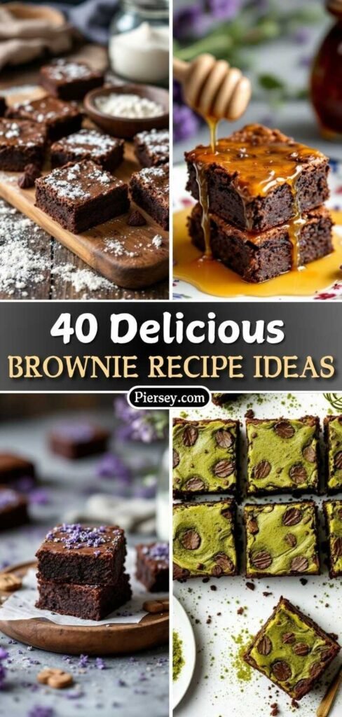 Four images of brownies are shown: classic sprinkled with sugar, drizzled with honey, topped with lavender, and green matcha with chocolate. Text reads: "40 Delicious Brownie Recipe Ideas."