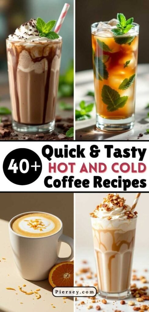 Four drinks: iced chocolate with mint, iced tea with mint, orange latte, and whipped cream caramel drink. Text: "40+ Quick & Tasty Coffee Recipes."
