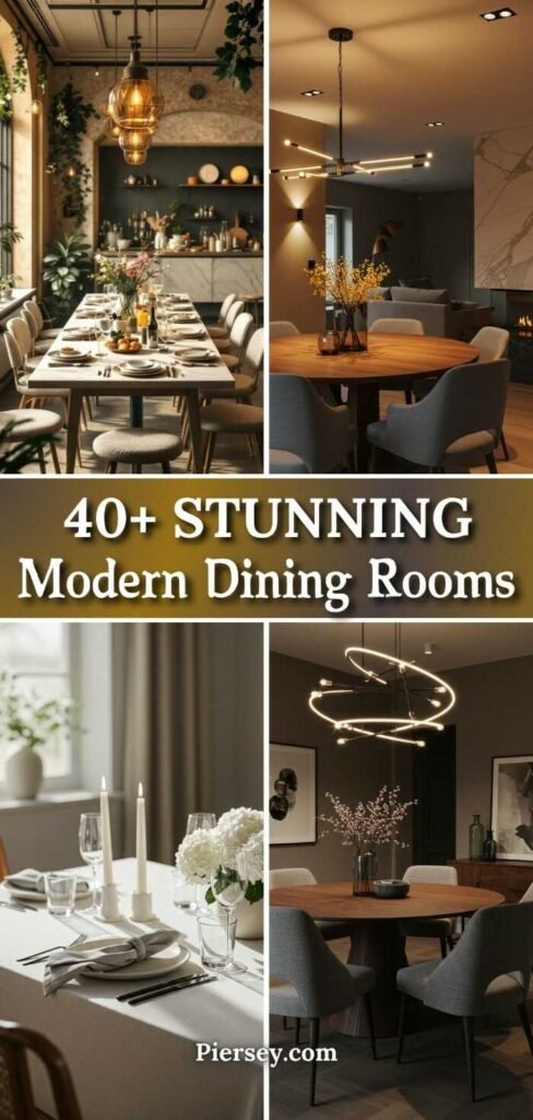 Four modern dining room designs with elegant decor and lighting. Each room features a distinct table setting with neutral tones and stylish light fixtures.