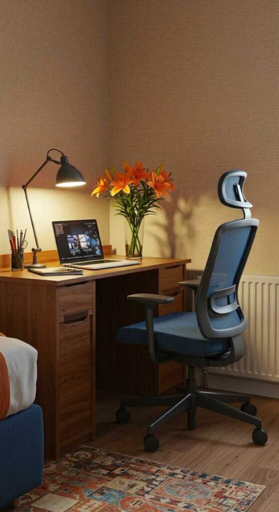 A cozy bedroom office setup featuring a sleek desk, ergonomic chair, and bright flowers.