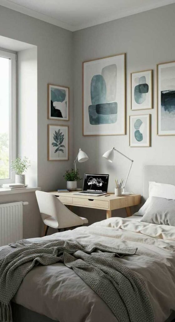 Cozy bedroom office setup with wall art, plants, and a stylish desk.