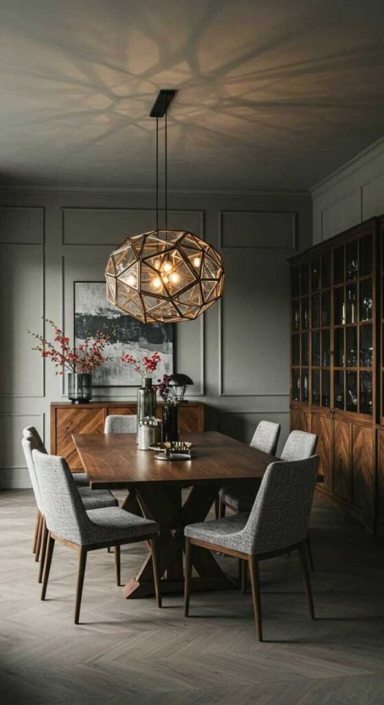 Artisan-made dining room with wooden furniture, stylish chairs, and statement lighting