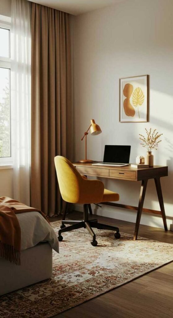 A cozy bedroom office combo featuring a modern desk with a computer and stylish chair, complemented by potted plants and neutral decor.