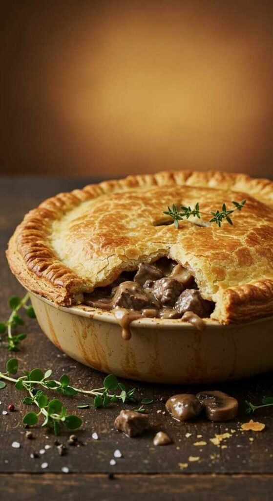 A delicious beef and mushroom pot pie with a golden crust, ready to be served.