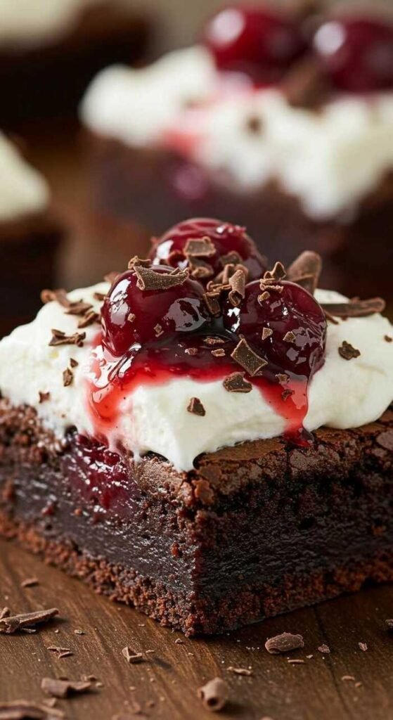 Delicious Black Forest Brownie slice topped with whipped cream and cherries