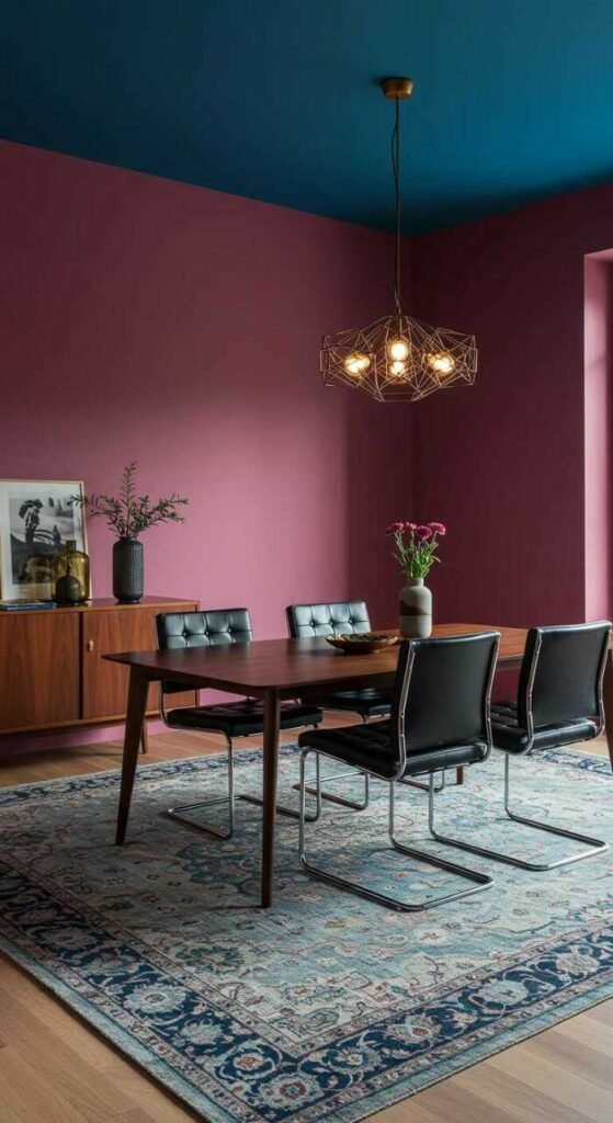 A modern dining room featuring bold pink walls, a blue ceiling, patterned rug, and stylish furniture.