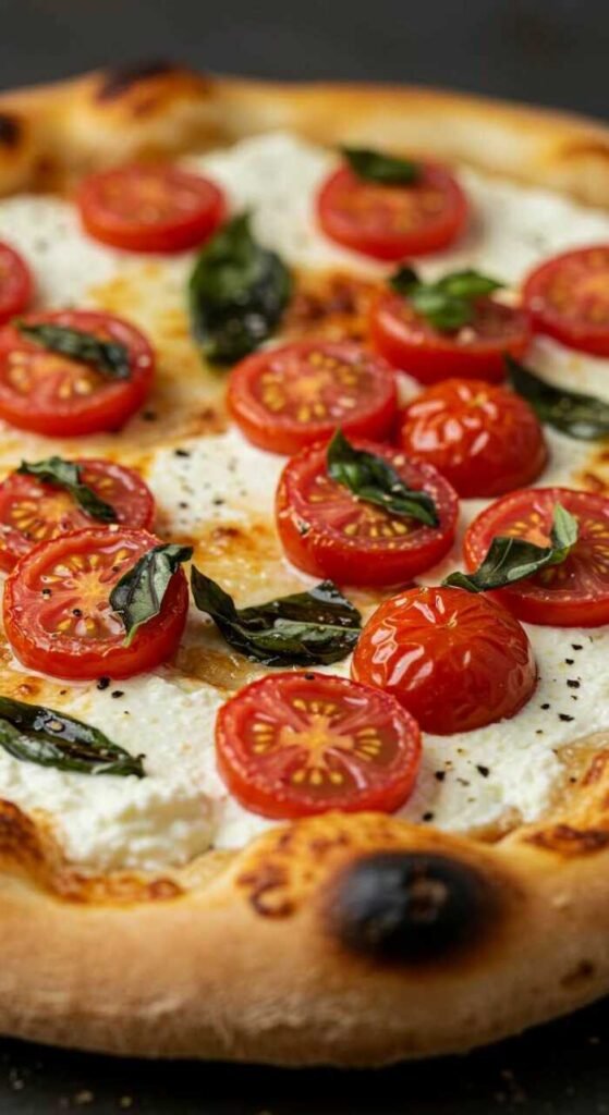 Cherry Tomato and Ricotta Pizza topped with basil and fresh tomatoes