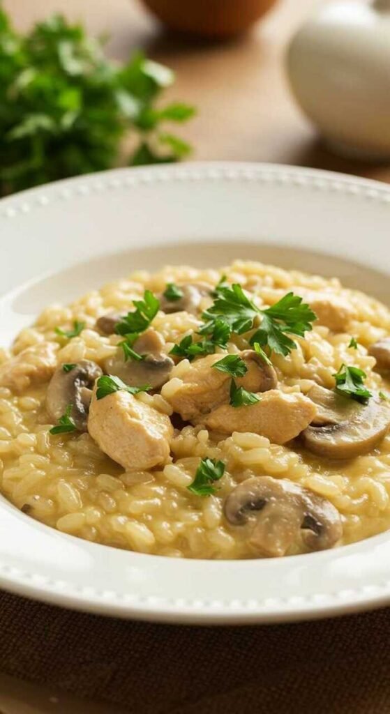 A bowl of creamy chicken and mushroom risotto garnished with parsley.
