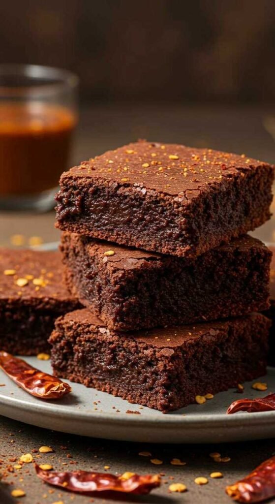 Chili chocolate brownies stacked on a plate with a hint of chili pepper