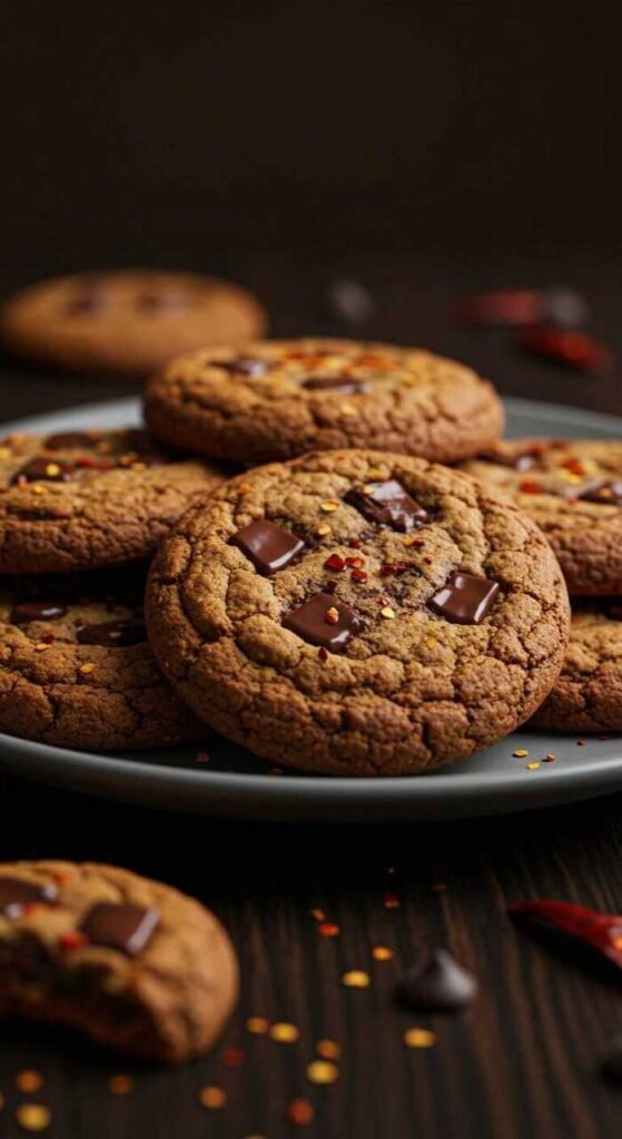 A close-up view of chili chocolate chip cookies with chili peppers scattered around.