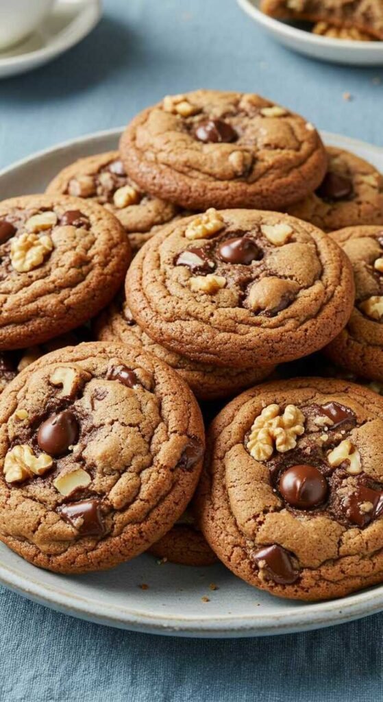 A plate with chocolate chip cookies topped with walnuts.