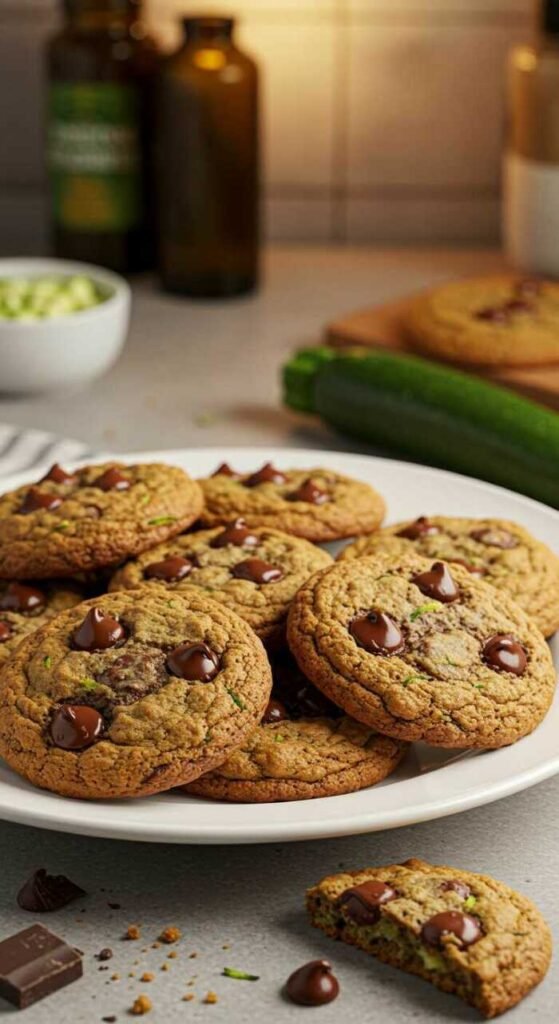 A delicious batch of chocolate chip cookies with zucchini, garnished with chocolate chunks and fresh green shavings.