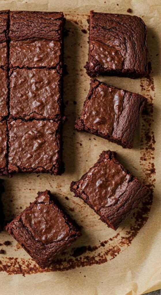 Stack of chocolaty avocado brownies on parchment paper