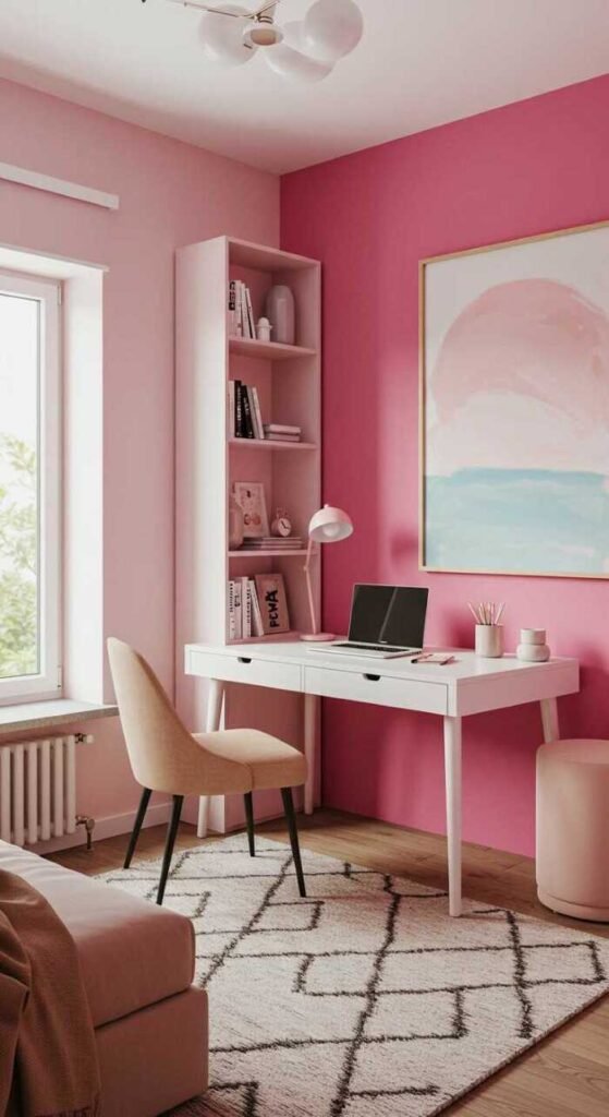Vibrant and modern bedroom office combo with pink walls, white desk, and plants.