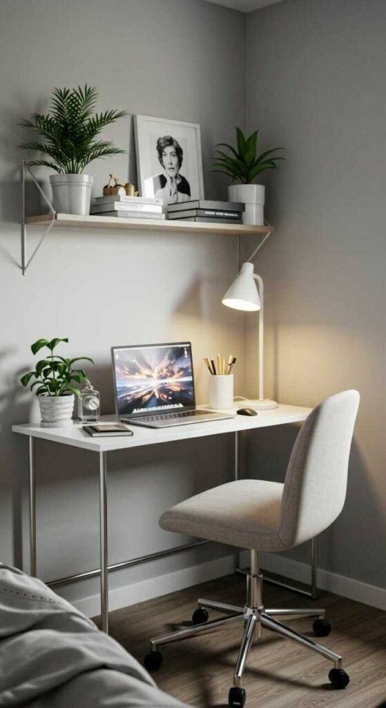 A compact desk setup in a small bedroom with plants, a mounted shelf, and stylish decor.