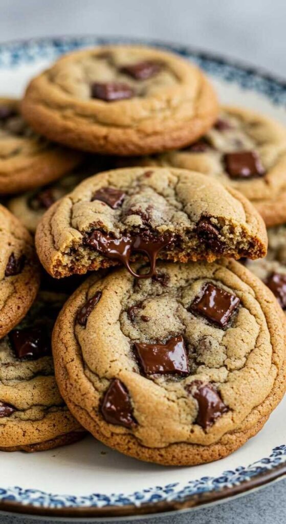 Plate of classic chocolate chip cookies with chocolate chips on top