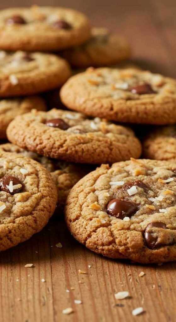 Coconut Chocolate Chip Cookies on a wooden surface