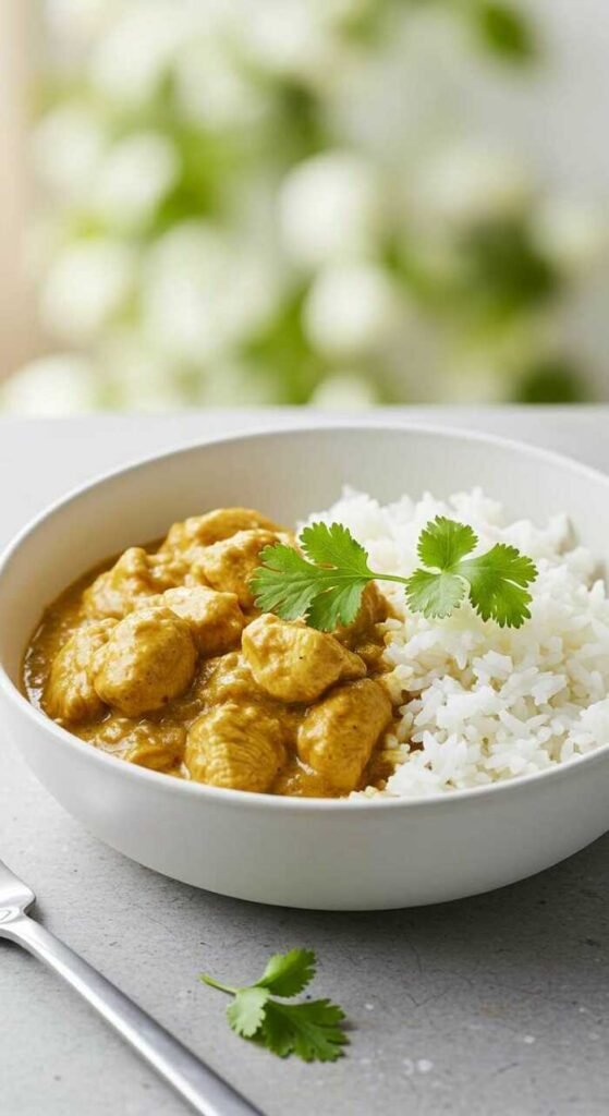 A bowl of Coconut Curry Chicken served with rice and garnished with cilantro.