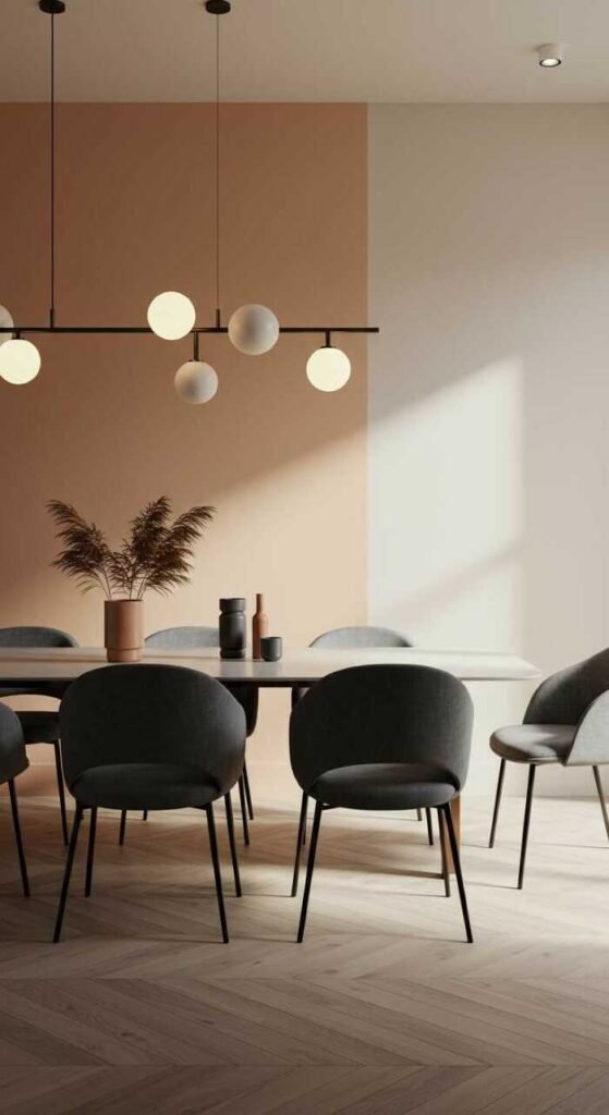 A modern dining room featuring color-blocked walls in muted peach, warm beige, and refined gray, with a sleek glass dining table and stylish chairs.
