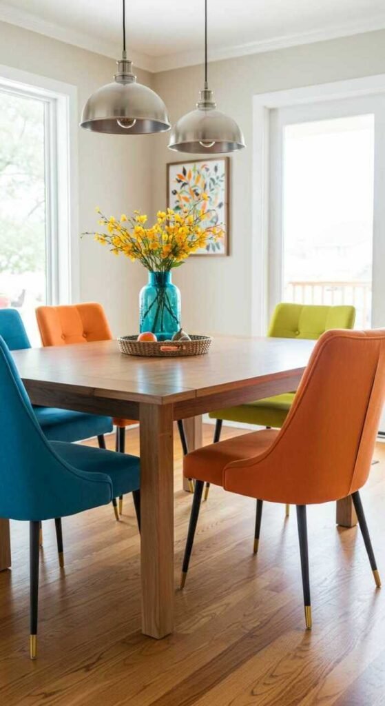 Colorful dining room chairs around a wooden table