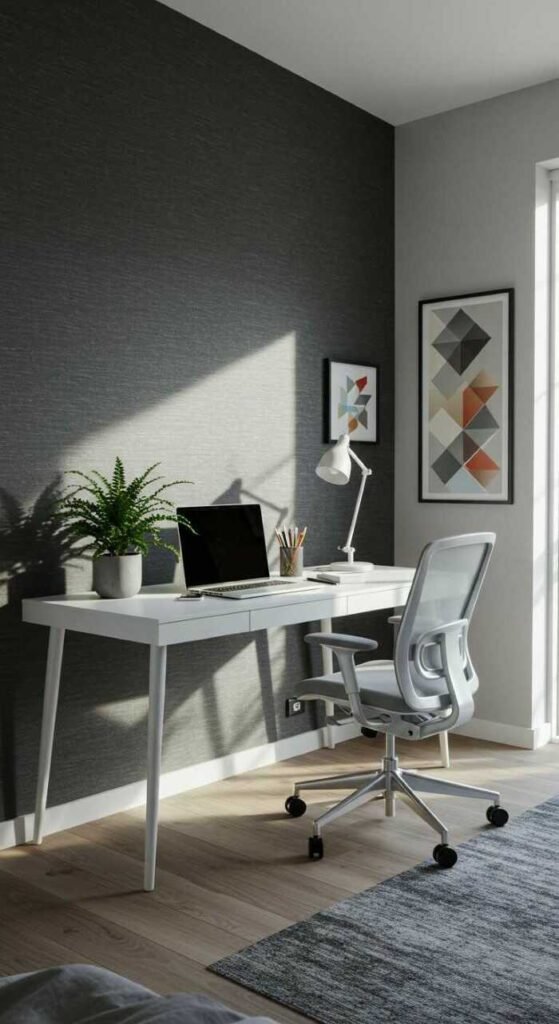 A modern bedroom office setup featuring a sleek desk, ergonomic chair, and stylish decor.