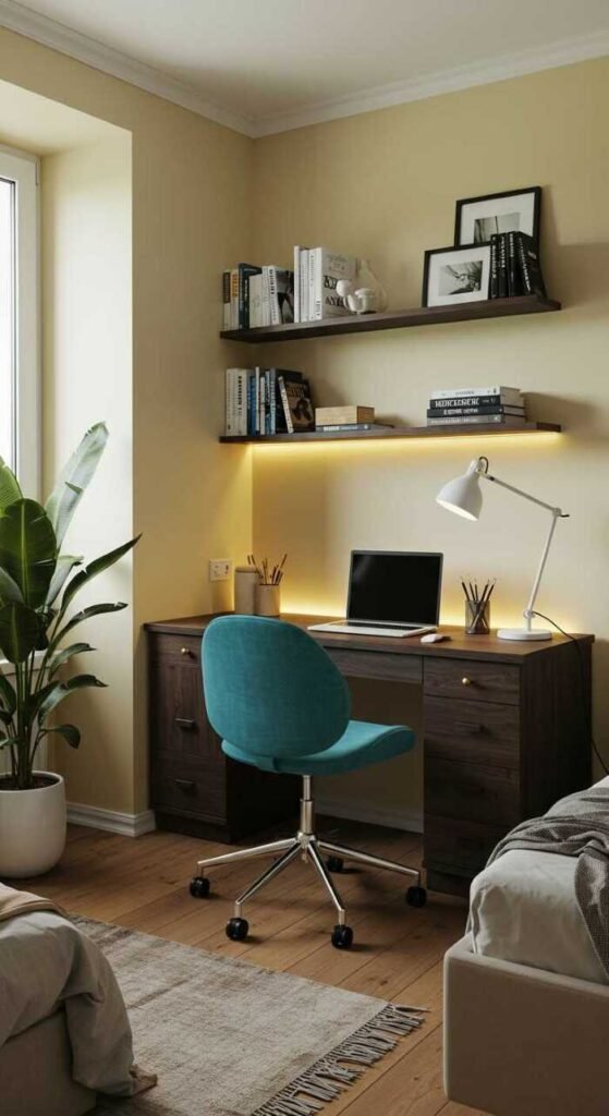 Cozy workspace setup in a small bedroom with a desk, chair, and decorative lighting.