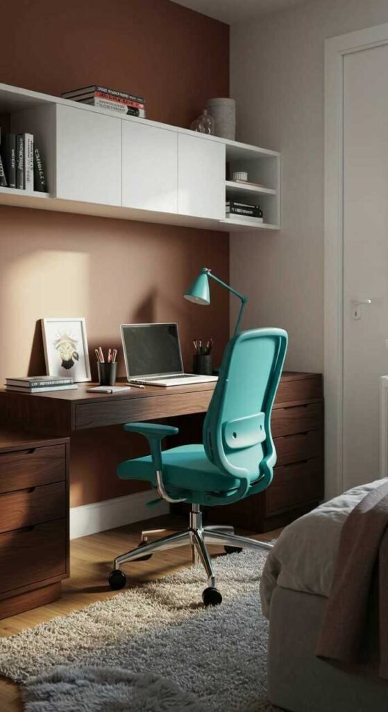 Cozy bedroom office combo with a sleek desk, ergonomic chair.