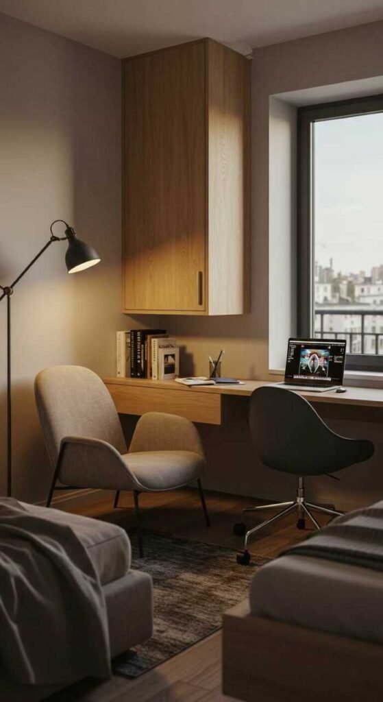 Cozy bedroom office combo featuring a reading nook with a stylish chair and a modern desk.