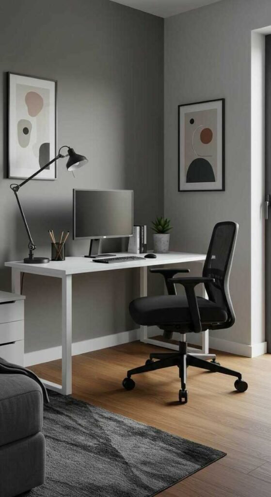 A modern bedroom office setup featuring a sleek desk, ergonomic chair, and stylish decor with good lighting.